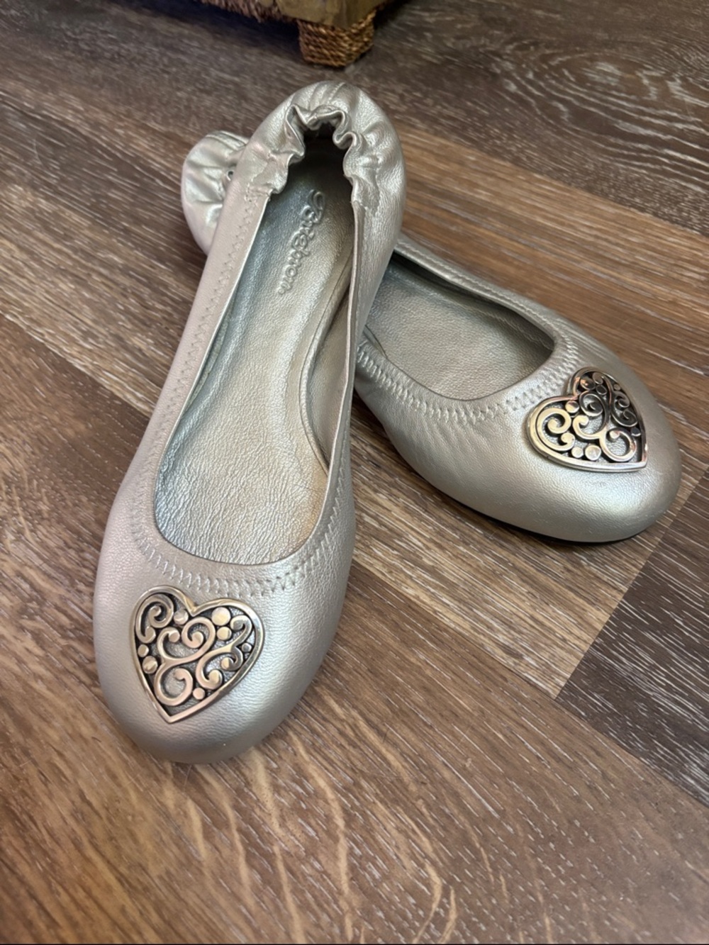 Brighton Metallic Silver Heart-Embellished Ballet Flats 7B